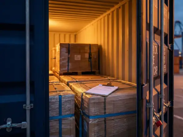 Ladung im Container, bereit für den Versand nach den Hague Visby Rules. Kisten sind verpackt und gesichert.