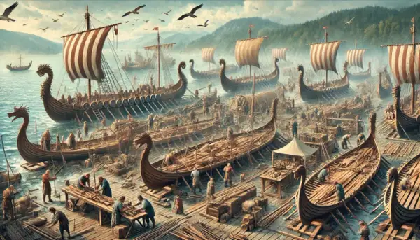 Viele Wikingerschiffe werden gebaut. Handwerker arbeiten an den Schiffen, die für die Seefahrt bereit sind.