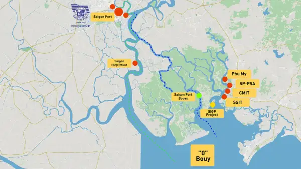 Karte zeigt den Ho Chi Minh Port und seine Wasserwege mit Markierungen für Saigon Port, Saigon Hiep Phuoc und weitere Häfen.