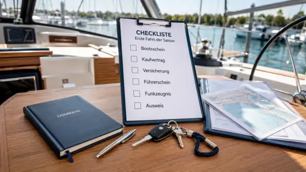Checkliste für die erste Fahrt der Saison: Logbuch, Bootschein, Kaufvertrag, Versicherung, Führerschein, Funkzeugnis, Ausweis, Schlüssel und Seekarten.