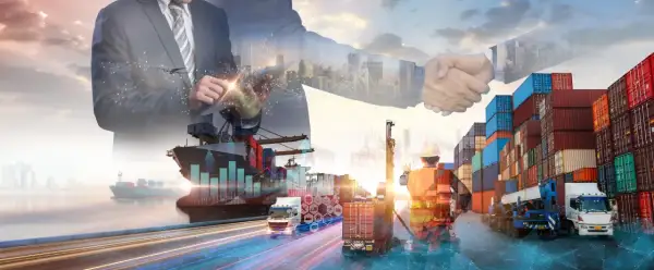 Geschäftsmann mit Tablet, Händeschütteln, Containerschiff, LKW und Kräne symbolisieren globalen **general cargo** Transport und Logistik.