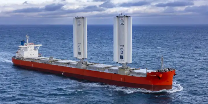Frachtschiff mit zwei großen Windrotoren für umweltfreundliches tailwind shipping auf dem Meer.
